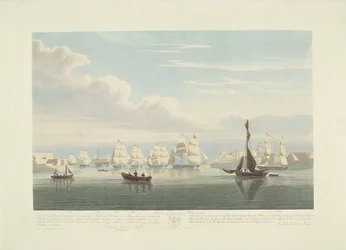 Afgang af tolv hollandske handelsskibe fra Portsmouth Harbour, 1833 (plade 1) Dette sæt på tre plader viser afgangen fra Portsmouth Harbour den 2. juni 1833 af 12 Nederlandsche Koopvaardy-skibe fra Embargo losset