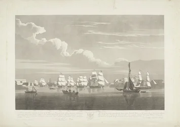 Afgang af tolv hollandske handelsskibe fra Portsmouth Harbour, 1833 (plade 1) Dette sæt på tre plader viser afgangen fra Portsmouth Harbour den 2. juni 1833 af 12 Nederlandsche Koopvaardy-skibe fra Embargo losset