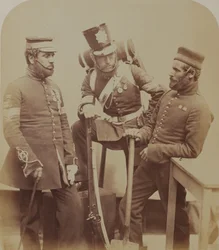 Farvesergent J. Stanton, Kester Knight og W. Bruce, Royal Sappers and Miners, 1856 (sepiafoto)