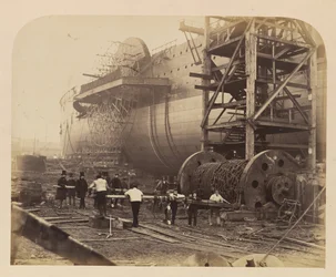 Mænd på arbejde ved siden af lanceringskæderne i Great Eastern, 18. november 1857.