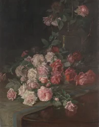 Roser og mahogni, ca. 1900 (olie på panel)
