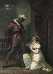 Othello og Desdemona i Venedig. Illustration til "" Othello" af William Shakespeare. Akt 4 scene 2.Engelsk gravering fra 1801 af R.K Porter.