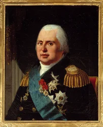 Portræt af Louis XVIII (1755-1824), konge af Frankrig, i militæruniform med Æreslegionen og Helligåndsordenens snor. Maleri af Robert Lefebvre (1755-1830) 1814 søn. 0,73x0,6 m Paris, musee Carnavalet - Portræt af Louis XVIII