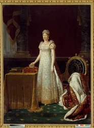 Portræt af kejserinde Marie Louise af Østrig (Marie-Louise) (1791-1847), Napoleon 1.s hustru, afbildet som regent for kejserriget og iført et Chaumet-diamantsæt skænket af Napoleon i 1812 - Bag hende står en lænestol i empirestil dekoreret med Napoleons