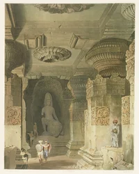 Interiør af Indra Subbas huletempel i Ellora, fra bind II af Scenery, Costumes and Architecture of India, tegnet af David Roberts (1796-1864) ætset af Thomas Kearnan (fl.1821-50) og graveret