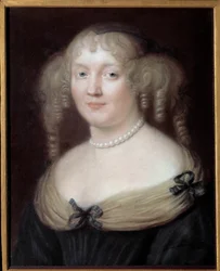 Portræt af Marie de Rabutin-Chantal (Rabutin Chantal), Marquise de Sevigne dit Madame de Sevigne (1626-1696), kvinde med bogstaver. Bussy-Rabutins slot. Maleri af Robert Nanteuil (1623-1678). Karnevalsmuseet.