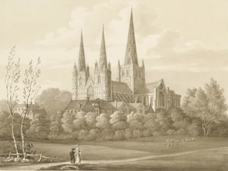 Lichfield Cathedral - West South West View: sepia tegning