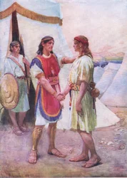 David og Jonathan, fra Bibelens billedbog udgivet af Thomas Nelson, ca. 1950 (litho)