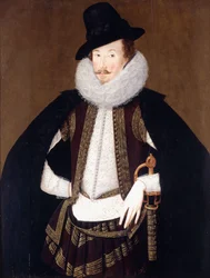 Portræt af Sir Charles Cornwallis, i en pelstrimmet sort kappe, hvid doublet og brun, guldbroderet vest,