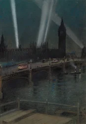 Krigssøgelys over Westminster Bridge