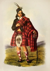 En Fraser-kriger fra den skotske klan i kilt - Robert Ronald McIans litografi fra "The Clans of The Scottish Highlands"" 1845