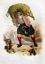 En skotsk klankriger Mac Rae med et får på skuldrene - Robert Ronald McIans litografi fra "The Clans of The Scottish Highlands"" 1845
