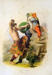 Den skotske kriger Mac Millan kæmper i kilt og barfodet med sværdet - Robert Ronald McIans litografi fra "The Clans of The Scottish Highlands" 1845