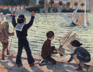 En svane angriber båden af et barn, der legede i poolen i en park med sine kammerater. Illustration af Robert Salles (1871-1929) i "" Je sais Lire"".