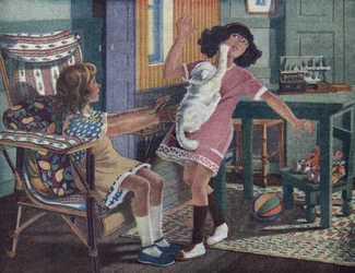 Annettes lille kat: en hvid kat klør ansigtet på en lille pige, der leger med sin veninde. Illustration af Robert Salles (1871-1929) i "" Je sais Lire"".