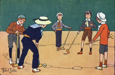 Bold efter timer (færdighedsspil med bolde og klubber). Indgravering i "" Hvad spiller vi? “” af E. Weber med akvareltegninger af Robert Salles (1871-1929). Librairie Garnier Freres, Paris