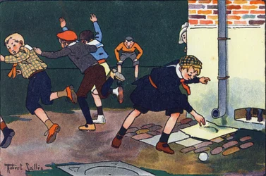 Kugle mod væggen. Indgravering i "" Hvad spiller vi? “” af E. Weber med akvareltegninger af Robert Salles (1871-1929). Librairie Garnier Freres, Paris