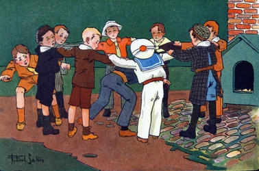 Kat og mus. Indgravering i "" Hvad spiller vi? “” af E. Weber med akvareltegninger af Robert Salles (1871-1929). Librairie Garnier Freres, Paris