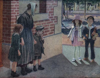 Velgørenhed: en mor og hendes to børn beder om alumone fra en ung dreng og en ung pige på gaden, som vil give dem deres sparepenge og legetøj. Illustration af Robert Salles (1871-1929) i "" Je sais Lire"".