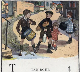 Børnebog "" Jeg vil læse - Metodisk og sjovt alfabet af en far""" 1926. Illustration af Robert Salles (1871-1929). Abecedary: bogstavet T som tromme.