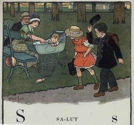 Børnebog "" Jeg vil læse - Metodisk og sjovt alfabet af en far""" 1926. Illustration af Robert Salles (1871-1929). Abecedary: bogstavet S som Salut. En dreng hilser på et par og deres baby ved at løfte sin kasket.