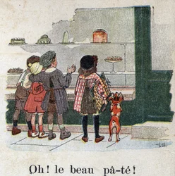 Børnebog "" Jeg vil læse - Metodisk og sjovt alfabet af en far""" 1926. Illustration af Robert Salles (1871-1929). "Åh! Den fine dej!” . Gourmetbørn stopper foran et bagervindue.