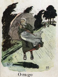 Børnebog "" Jeg vil læse - Metodisk og sjovt alfabet af en far""" 1926. Illustration af Robert Salles (1871-1929). "" Storm"": en kvinde i regnskjulerne med sin paraply.