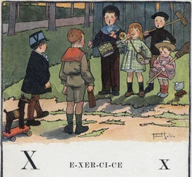 Børnebog «Jeg vil læse - Metodisk og sjovt alfabet af en far», 1926. Illustration af Robert Salles (1871-1929). ABC-bog: bogstavet X som øvelse. Børn leger soldater.