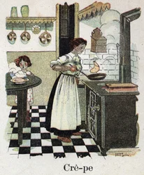 Børnebog "" Jeg vil læse - Metodisk og sjovt alfabet af en far""" 1926. Illustration af Robert Salles (1871-1929). Mor blæser crepes i gryden.
