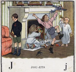 Børnebog "" Jeg vil læse - Metodisk og sjovt alfabet af en far""" 1926. Illustration af Robert Salles (1871-1929). Abecedaire: bogstavet J som legetøj. Børn har fået legetøj i skoene og hygger sig med dem. Et af børnene fik ikke en gave i hej