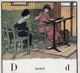 Børnebog "" Jeg vil læse - Metodisk og sjovt alfabet af en far""" 1926. Illustration af Robert Salles (1871-1929). Abecedary: bogstav D som Finger. En mor forklarer sin søn broderiet.