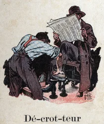 Børnebog "" Jeg vil læse - Metodisk og sjovt alfabet af en far""" 1926. Illustration af Robert Salles (1871-1929). "" Decrotteur"": en skopudsning renser skoene på en kunde, der læser avisen.
