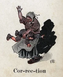Børnebog "" Jeg vil læse - Metodisk og sjovt alfabet af en far""" 1926. Illustration af Robert Salles (1871-1929). "Rettelse"". Straf: en mor spreder sit barn for at straffe ham