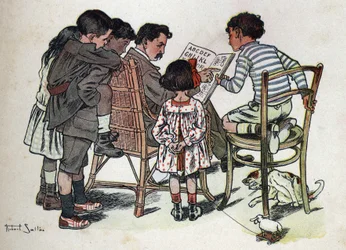 Børnebog "" Jeg vil læse - Metodisk og sjovt alfabet af en far""" 1926. Illustration af Robert Salles (1871-1929). En familiefar lærer børn at læse.