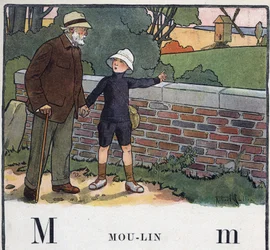 Børnebog "" Jeg vil læse - Metodisk og sjovt alfabet af en far""" 1926. Illustration af Robert Salles (1871-1929). Abecedaire: bogstavet M som Moulin. En dreng går med sin bedstefar. Han peger på en vindmølle.
