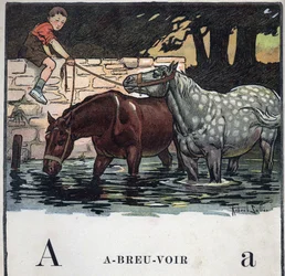 Børnebog "" Jeg vil læse - Metodisk og sjovt alfabet af en far""" 1926. Illustration af Robert Salles (1871-1929). Abecedary: bogstav A som drikkevand. To heste drikker vand.
