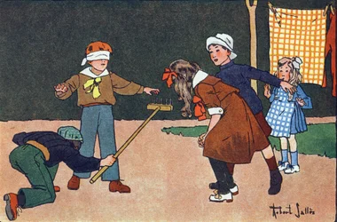 Colin maillard (colin-maillard). Indgravering i "" Hvad spiller vi? “” af E. Weber med akvareltegninger af Robert Salles (1871-1929). Librairie Garnier Freres, Paris