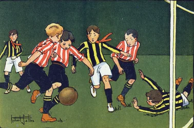Fodbold. Indgravering i "" Hvad spiller vi? “” af E. Weber med akvareltegninger af Robert Salles (1871-1929). Librairie Garnier Freres, Paris