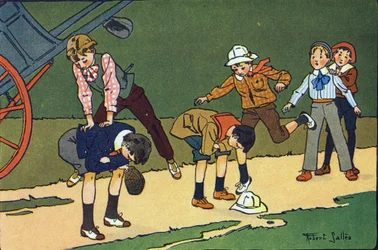 Hop får. Indgravering i "" Hvad spiller vi? “” af E. Weber med akvareltegninger af Robert Salles (1871-1929). Librairie Garnier Freres, Paris
