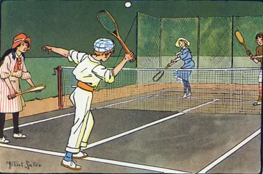 Plænetennis. Indgravering i "" Hvad spiller vi? “” af E. Weber med akvareltegninger af Robert Salles (1871-1929). Librairie Garnier Freres, Paris