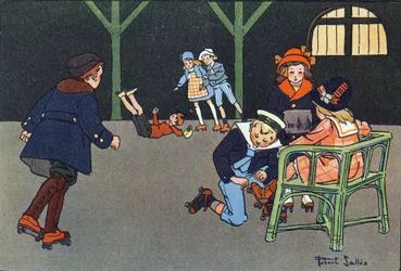 Rulleskøjteløb. Indgravering i "" Hvad spiller vi? “” af E. Weber med akvareltegninger af Robert Salles (1871-1929). Librairie Garnier Freres, Paris