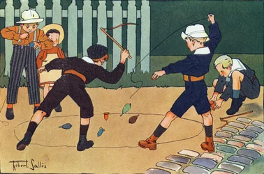Hoven (øverste spil at piske). Indgravering i "" Hvad spiller vi? “” af E. Weber med akvareltegninger af Robert Salles (1871-1929). Librairie Garnier Freres, Paris