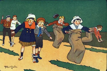 Taskeløbet. Indgravering i "" Hvad spiller vi? “” af E. Weber med akvareltegninger af Robert Salles (1871-1929). Librairie Garnier Freres, Paris