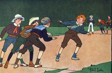 Barerne (holdspil, hvor man diskret skal gå til den modsatte lejr symboliserer ved en linje på jorden for at gøre fanger). Indgravering i "" Hvad spiller vi? “” af E. Weber med akvareltegninger af Robert Salles (1871-1929). Librairie Garnier
