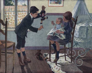Uddannelsen af lillebror: i et værelse ser en baby, der sidder på sin storesøsters skød, på dukken, som hans bror vågner. Illustration af Robert Salles (1871-1929) i "" Je sais Lire"".
