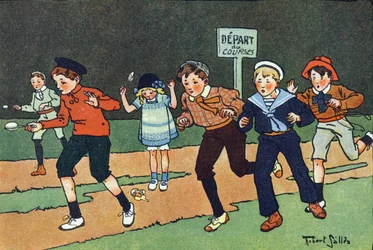 Æggeløbet. Indgravering i "" Hvad spiller vi? “” af E. Weber med akvareltegninger af Robert Salles (1871-1929). Librairie Garnier Freres, Paris