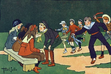 Gymkhana (kursus på prøvekredsløb med dommere). Indgravering i "" Hvad spiller vi? “” af E. Weber med akvareltegninger af Robert Salles (1871-1929). Librairie Garnier Freres, Paris
