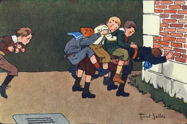 Hesten smeltede (når du hopper, skal du hoppe en caliphurchon på ryggen af et andet barn, uden at banke de andre). Indgravering i "" Hvad spiller vi? “” af E. Weber med akvareltegninger af Robert Salles (1871-1929). Librairie Garnier Frere
