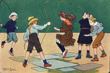 Springet har rebet. Indgravering i "" Hvad spiller vi? “” af E. Weber med akvareltegninger af Robert Salles (1871-1929). Librairie Garnier Freres, Paris