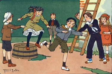 Moderen med syltetøj. Indgravering i "" Hvad spiller vi? “” af E. Weber med akvareltegninger af Robert Salles (1871-1929). Librairie Garnier Freres, Paris